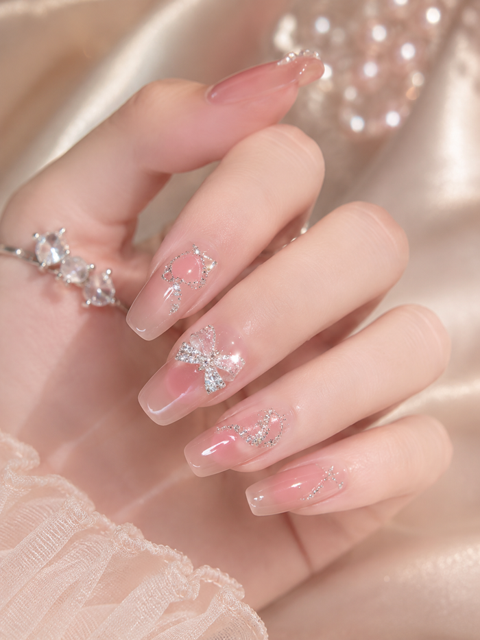 24-Piece Nude Pink Press-On Nails Set with Rhinestone Bow and Glitter French Tip Design