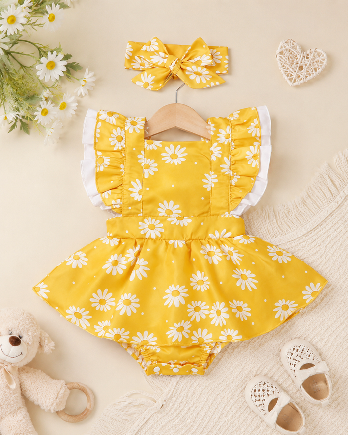 Baby Girl Yellow Daisy Romper Dress with Headband – SHEIN Fast Delivery in 5 Days