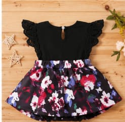 Baby Girls Black Lace Sleeve Floral Romper Dress with Matching Headband