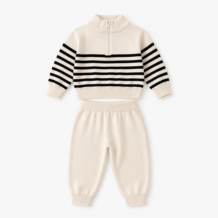 Baby Girls Cream and Black Striped Knit Top and Pants Set