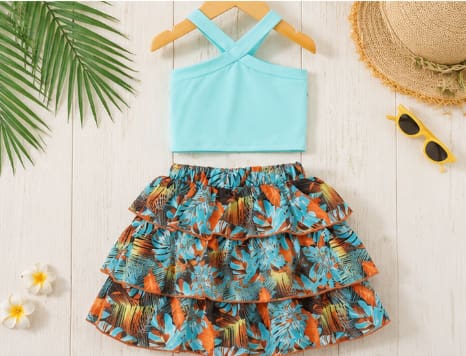 Baby Girls Mint Cross Strap Top and Tropical Ruffle Skirt Set