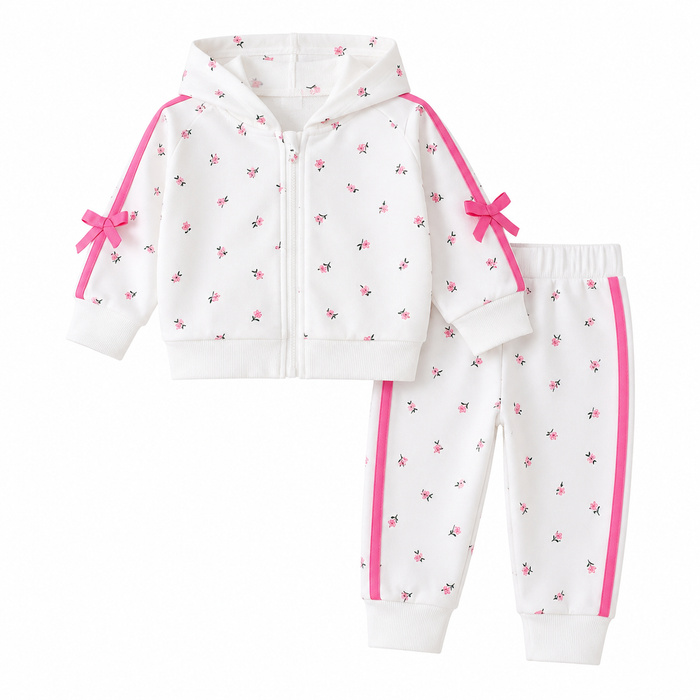 Baby Girls White Floral Zip Hoodie Tracksuit with Pink Side Stripe