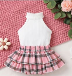 Baby Girls White Ribbed Top and Pink Plaid Layered Skirt Set with Bow