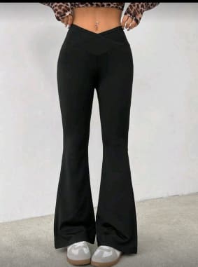 Black High Waist Flared Pants for Women with Cross Waist Detail