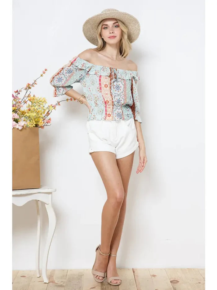 Blue B - PUFF SLEEVE RUFFLE TRIM CROP TOP