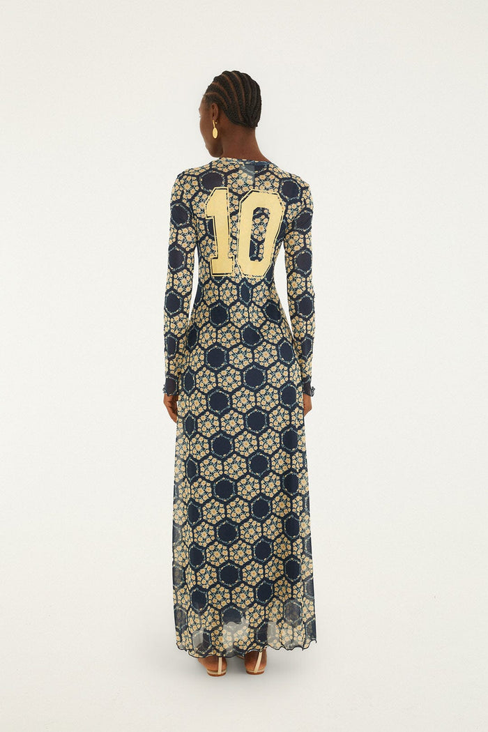 FARM Rio model wearing the Blue Farm Club Long Sleeve Maxi Dress