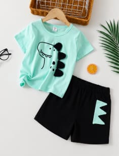 Boys Mint Dinosaur T-Shirt & Black Shorts Set – 2 Piece Summer Kids Outfit, Fast Delivery in 5 Days