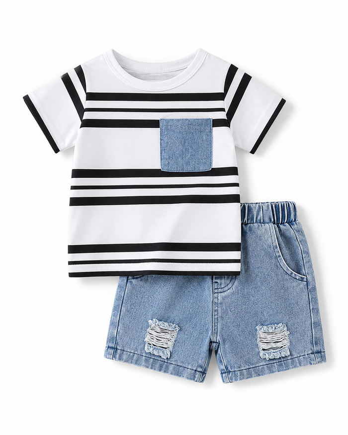 Boys Striped T-Shirt and Ripped Denim Shorts Set – SHEIN Fast Delivery in 5 Days