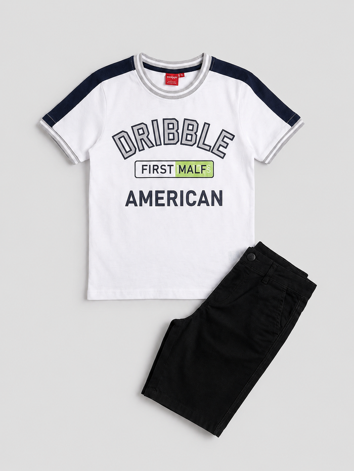 Boys White Graphic T-Shirt & Black Pants Set – 2 Piece Casual Kids Outfit, Fast Delivery in 5 Days