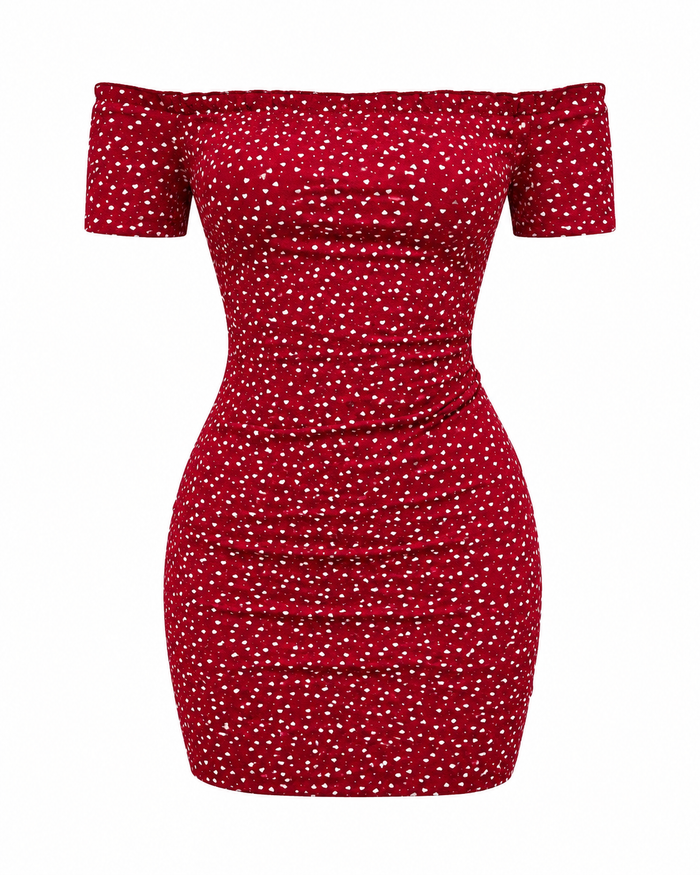 Burgundy Off Shoulder Polka Dot Mini Dress for Women