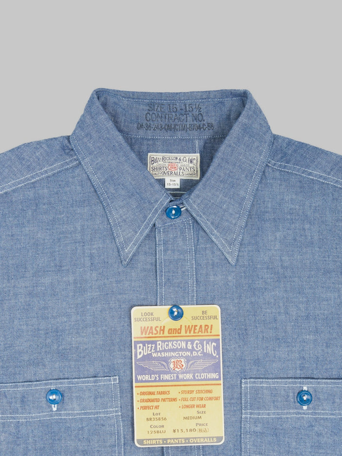 Buzz Rickson's BR35856 Chambray Short Sleeve Work Shirt Blue