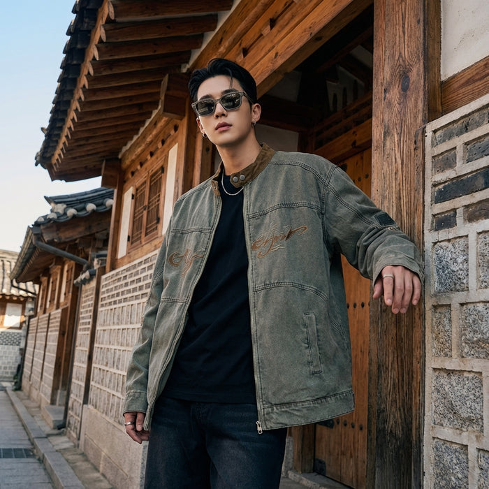 Veste moto denim délavée avec col montant - Koreanxwear