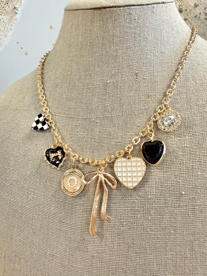 Checker Heart Bow Rhinestone Charm Necklace