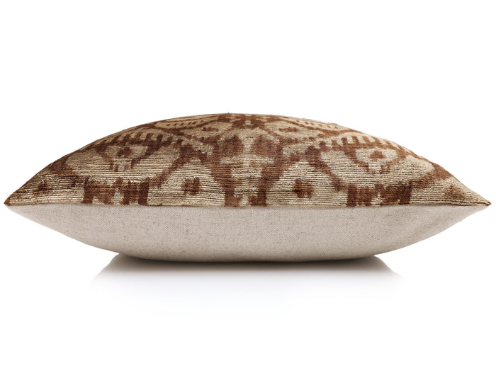 Cognac and Cream Traditional Ikat Silk-Blend Velvet Throw Pillow - 20 × 20 in. — texture and pillow detail