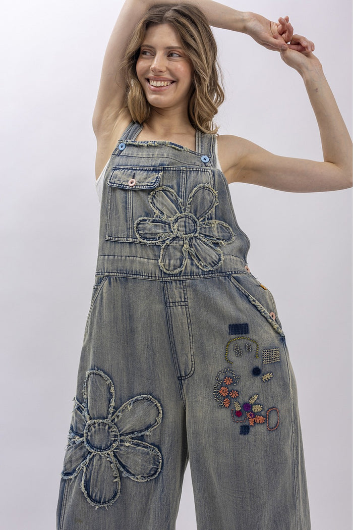 FLOWER PATCHWORK OVERSIZED DENIM OVERALLS