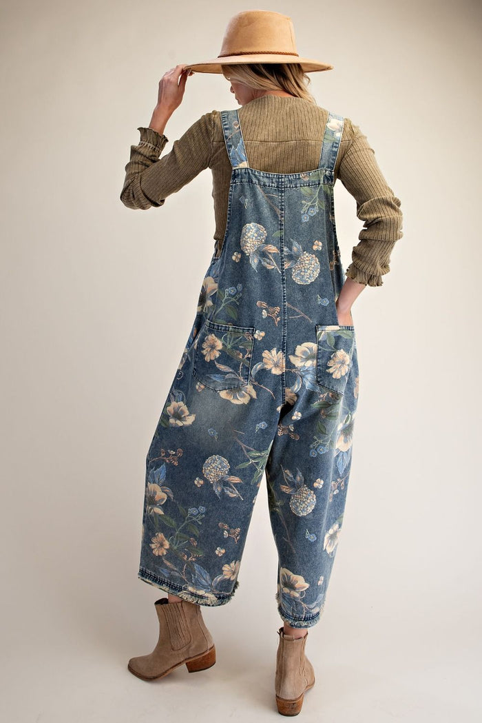 FLOWER PRINTED WASHED DENIM OVERALLS