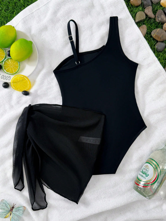 Girls Black One Shoulder Swimsuit with Sheer Cover-Up Skirt, Cut-Out Side Beachwear Set