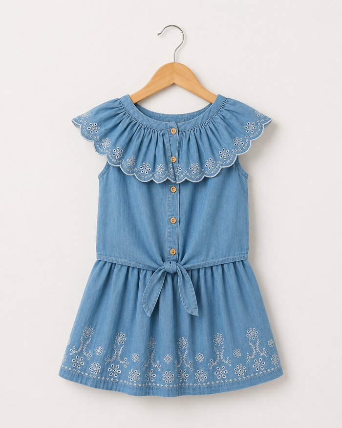 Girls Blue Denim Embroidered Dress – Sleeveless Button-Up Summer Dress, Fast Delivery in 5 Days