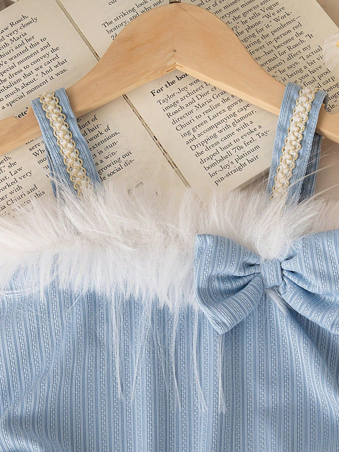 Girls Blue Faux Fur Bow Top & White Shorts Set