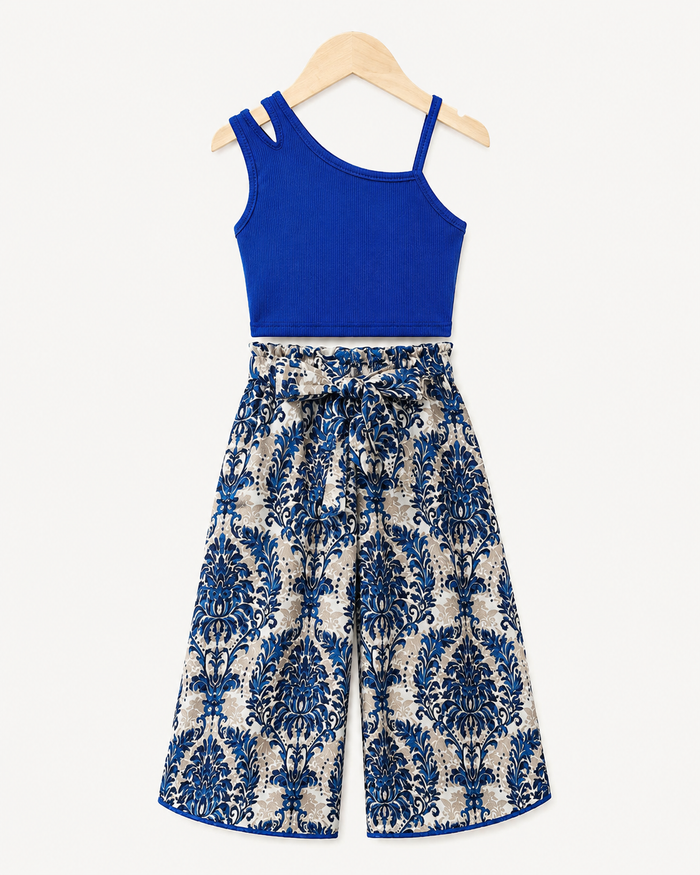 Girls Blue One-Shoulder Top and Printed Wide-Leg Pants Set – SHEIN Fast Delivery in 5 Days