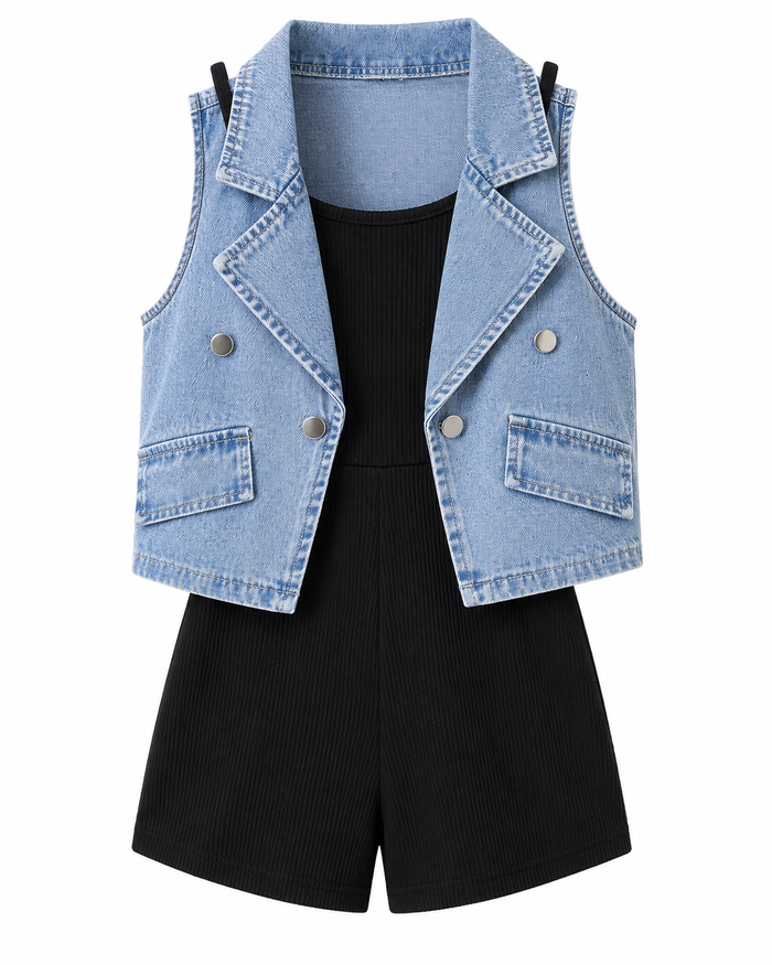 Girls Denim Vest and Black Romper Set – SHEIN Fast Delivery in 5 Days