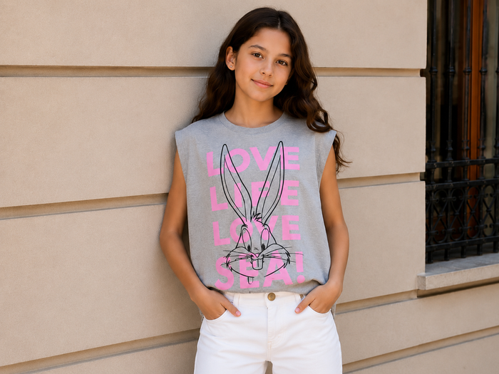 Girls Grey Bunny Graphic Sleeveless Top – Casual Summer Tank T-Shirt, Fast Delivery in 5 Days