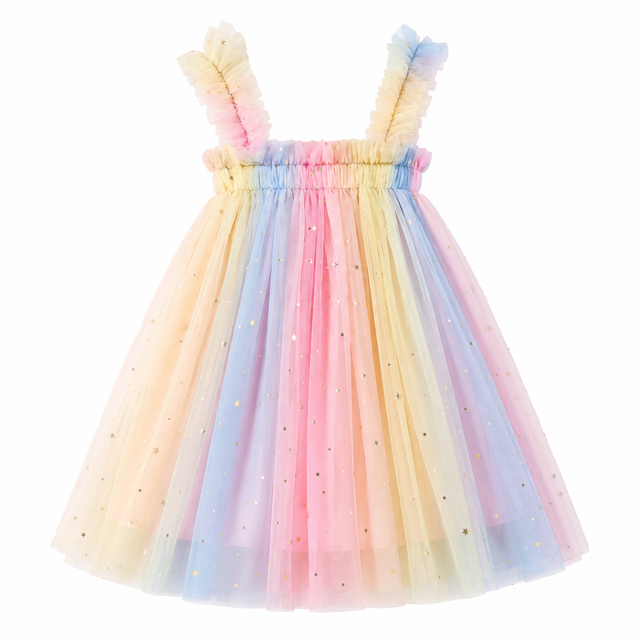 Girls Pastel Rainbow Tulle Dress with Star Print