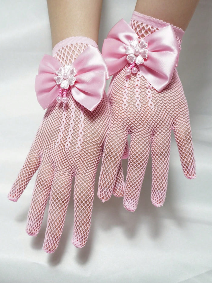 Girls’ Pink Mesh Dress Gloves – Satin Bow & Floral Pearl Detail – Princess Party Costume Gloves