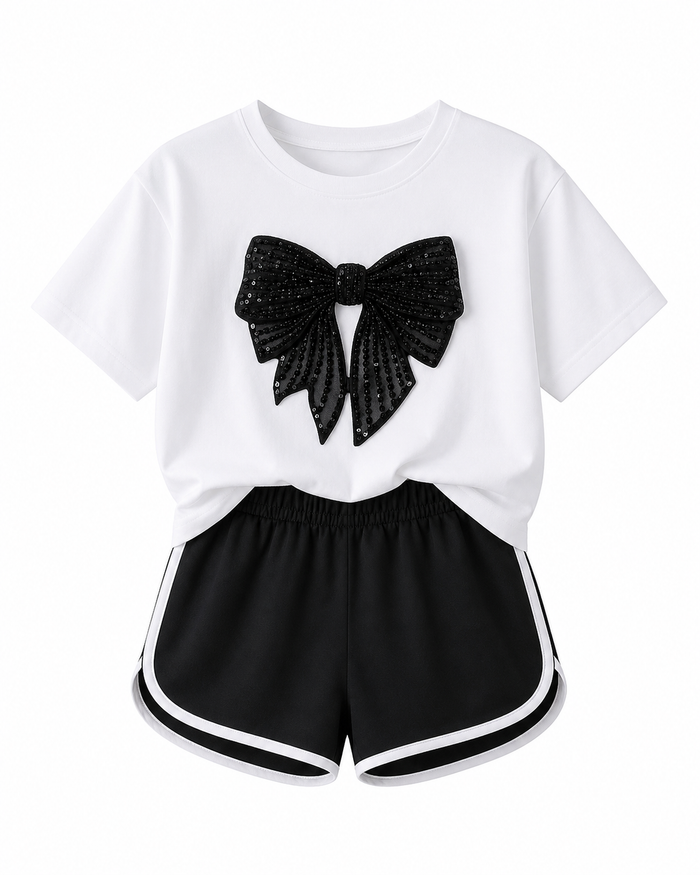 Girls White Bow T-Shirt and Black Shorts Set – SHEIN Fast Delivery in 5 Days
