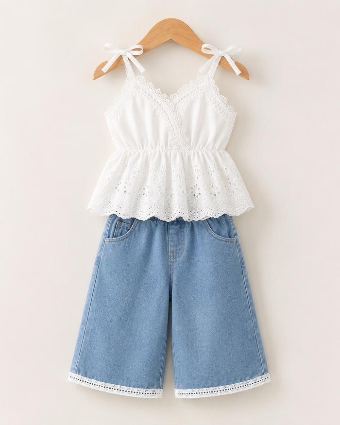 Girls White Lace Cami and Denim Wide-Leg Pants Set – SHEIN Fast Delivery in 5 Days