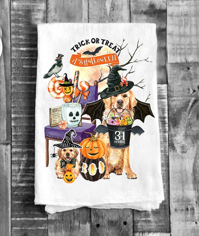 Halloween Dog Lover Trick or Treat Flour Sack Tea Towel