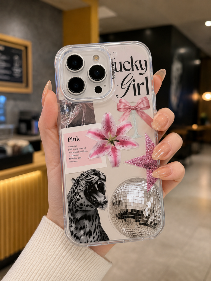 iPhone 16 Lucky Girl Phone Case with Pink Flower Disco Ball and Leopard Print Design