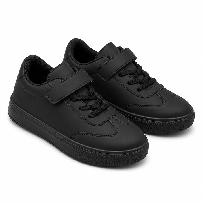 Kids Black Casual Sneakers with Hook and Loop Strap, Comfortable Everyday Shoes