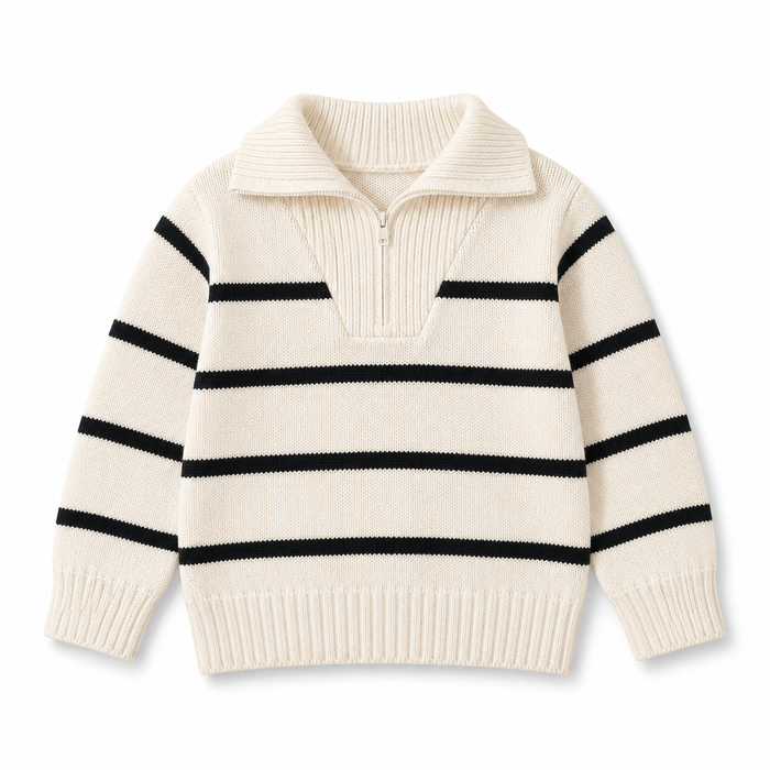 Kids Cream Striped Knit Pullover Sweater with Collar, Soft Long Sleeve Winter Top