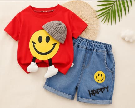 Kids Red Smiley Face T-Shirt and Denim Shorts Set