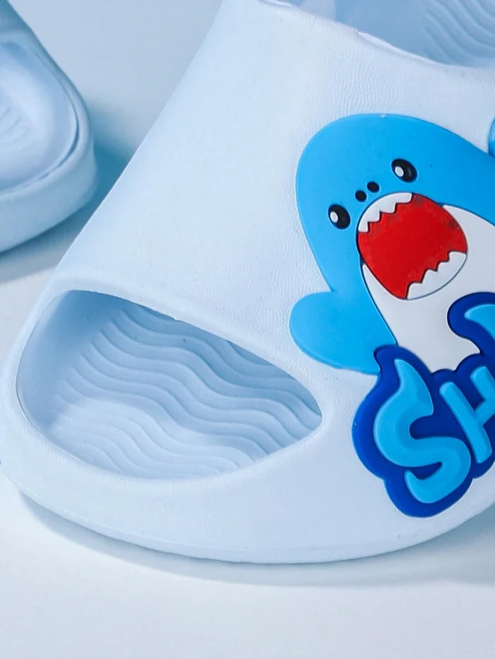 Kids White Shark Graphic Summer Sandals – Lightweight Open Toe Slip-On Shoes with Back Strap
