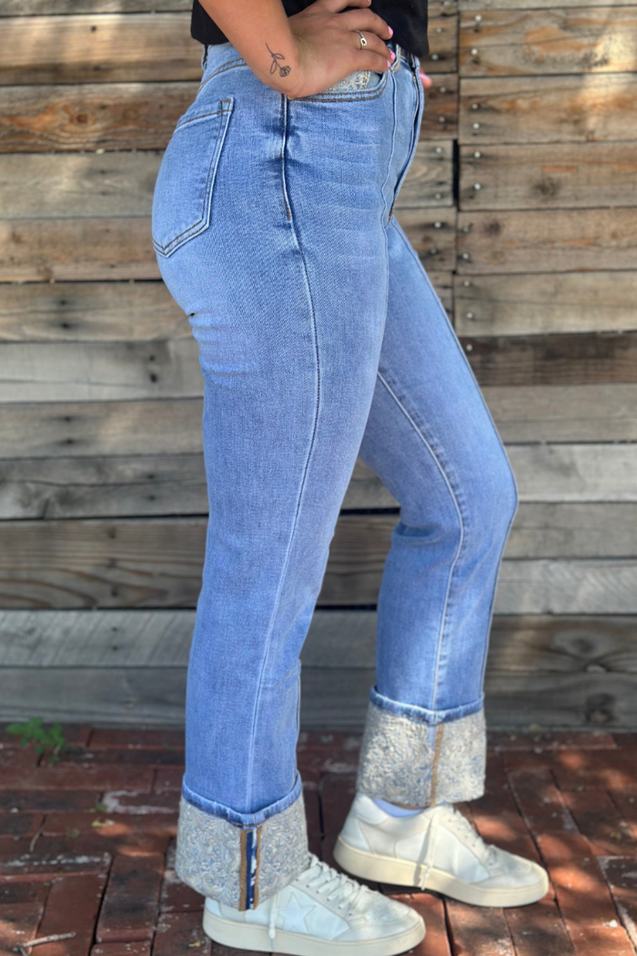 Kreek Embroidered Cuffed Jeans