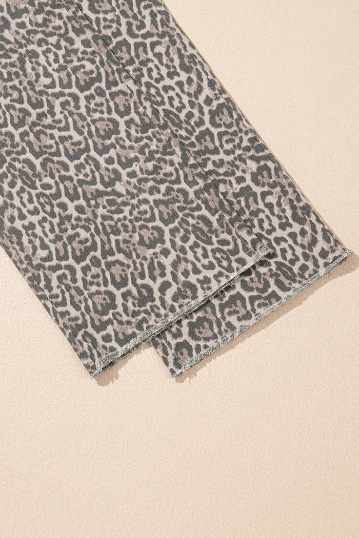 Leopard Frayed Wide Leg Jeans