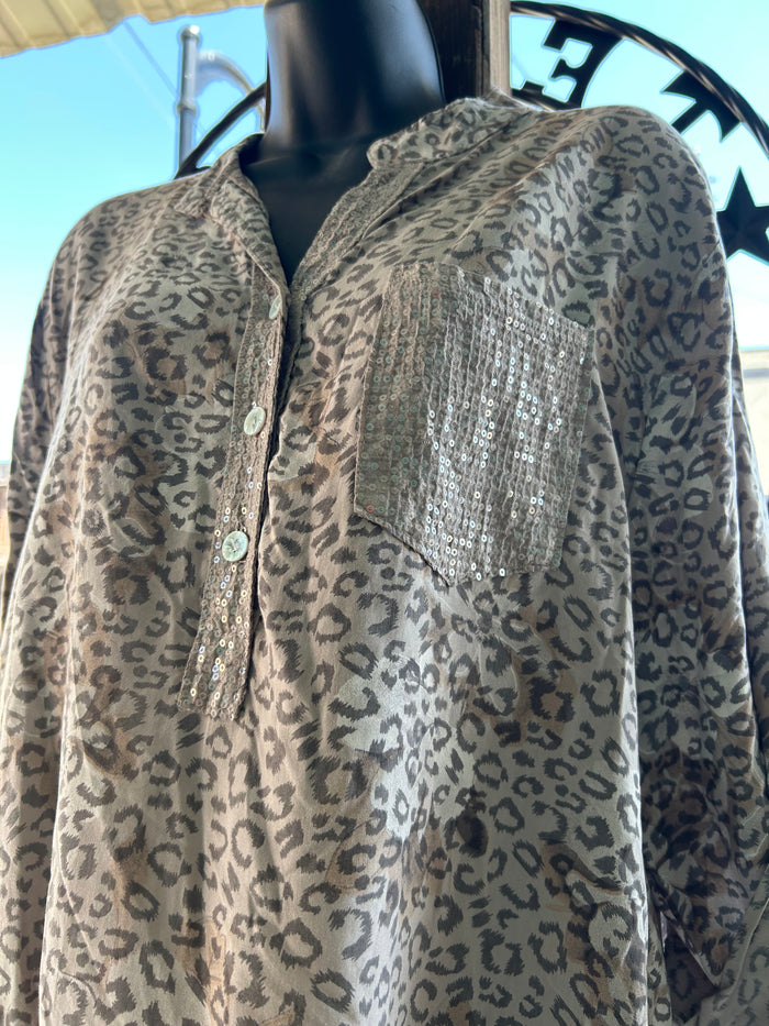 Leopard Sequin Pocket Top
