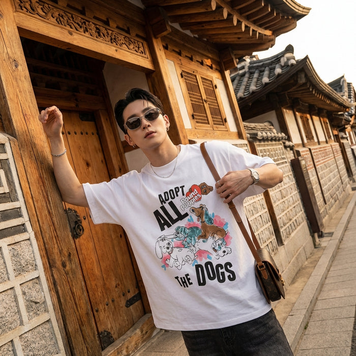 T-Shirt loose unisexe avec motif chien graffiti blanc - Koreanxwear