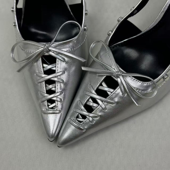Low-cut hollowed-out lace-up low-heeled shoes