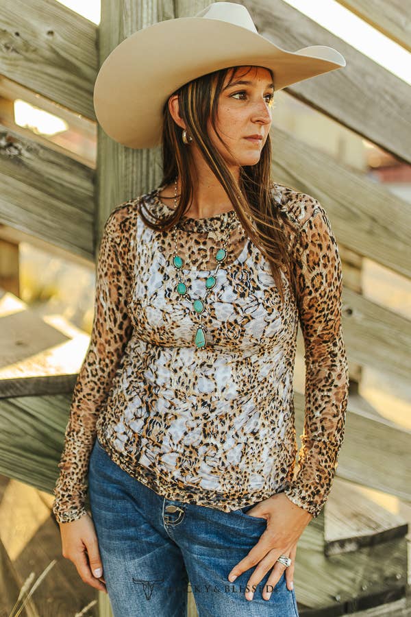 LUCKY & BLESSED - Leopard Printed Lace long Sleeve Top