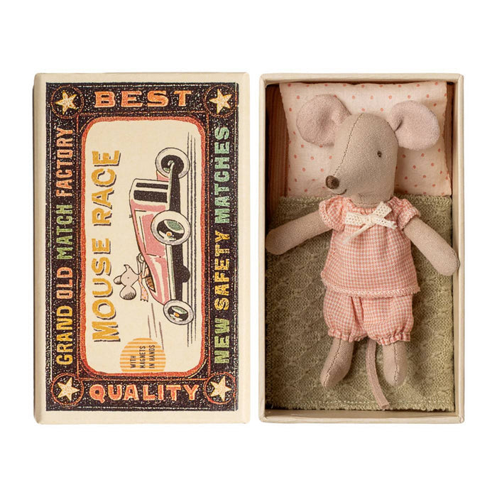 Stuffed mouse toy in a matchbox with vintage-style packaging