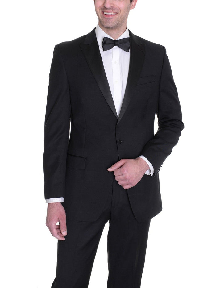 Manzini Mens Black 100% Wool Classic Fit Tuxedo Suit With Satin Peak Lapels - The Suit Depot