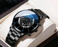 Men’s Black Stainless Steel Watch – Luxury Style Analog Wristwatch with Display Box
