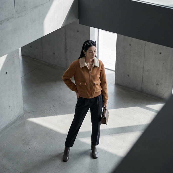 Veste zippée blanche col chemise - Mode Coréenne Minimaliste