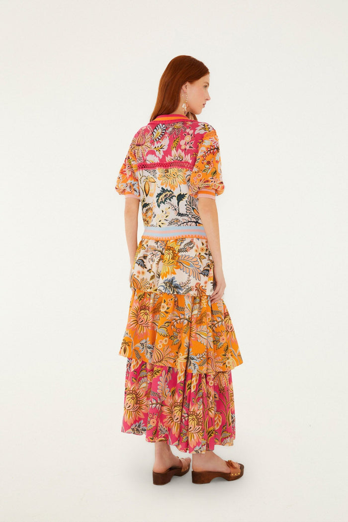 FARM Rio model wearing the Multicolor Ligia Floral Mix Layered Lenzing Ecovero Euroflax Midi Skirt