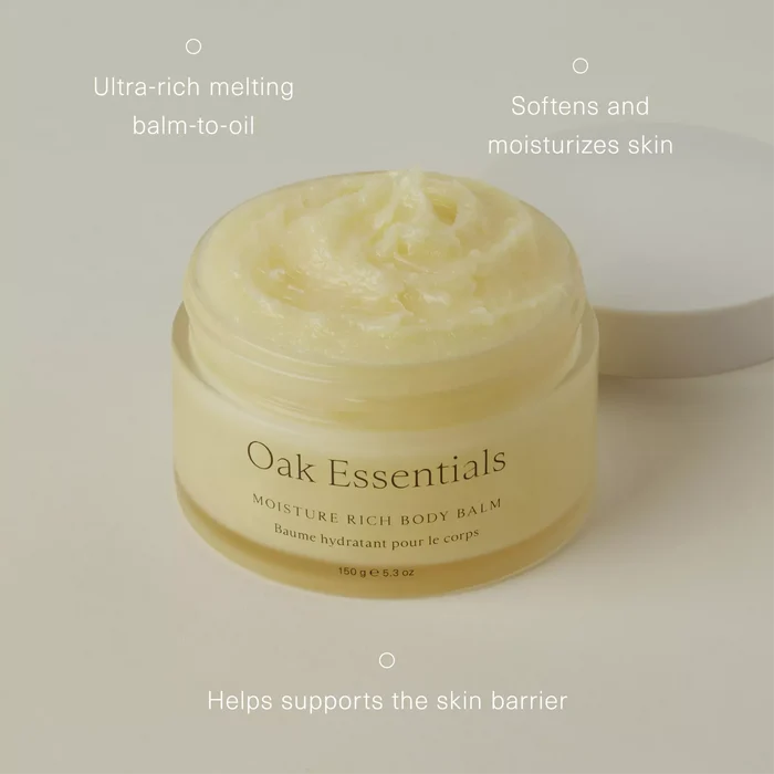 oak essentials body balm, moisture rich body balm, luxury body care, blue tansy skincare, ultra hydrating body balm, clean beauty body care, sensitive skin body balm, award winning body care