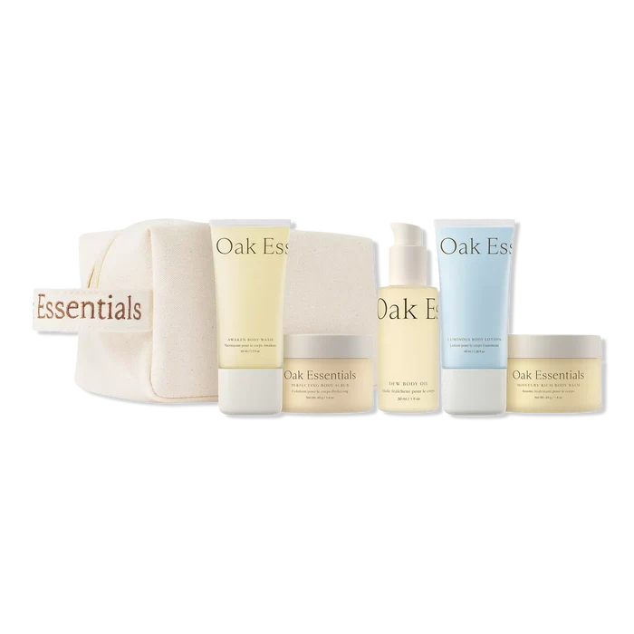 oak essentials travel set, travel body routine, luxury body care set, clean skincare travel, blue tansy body lotion, hydrating body oil, body scrub set, giftable skincare, oak essentials gift