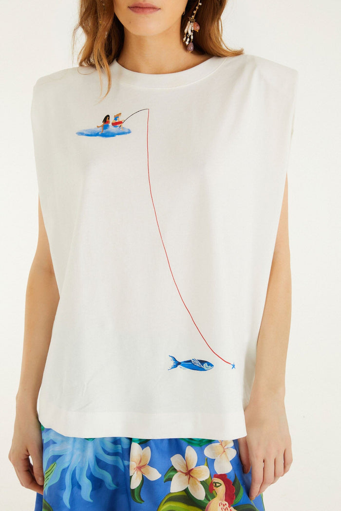 FARM Rio model wearing the Off-White Fishing Dreams Padded Shoulder T-Shirt